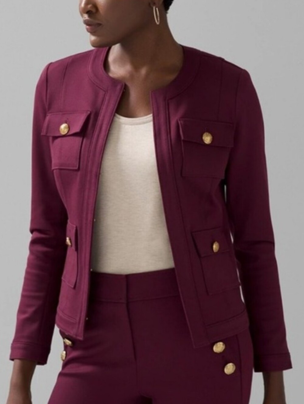 White House Black Market Stylist Burgundy Military Style Tailored Jacket Size 00